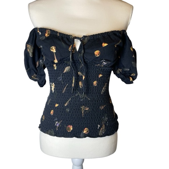 All Saints Blue Puff Sleeve Smocked Blouse with‎ Tie Front 4 *PO0259 - Picture 1 of 7
